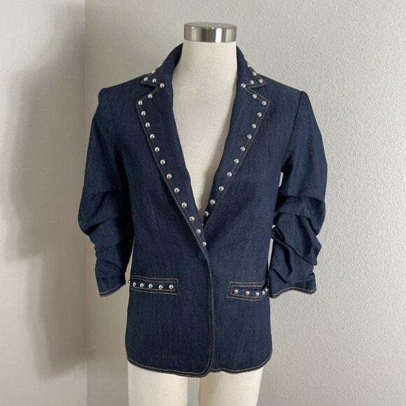 Cinq A Sept Blazer Womens 00 Blue Denim Pearl Studded Khloe Tuxedo Jacket